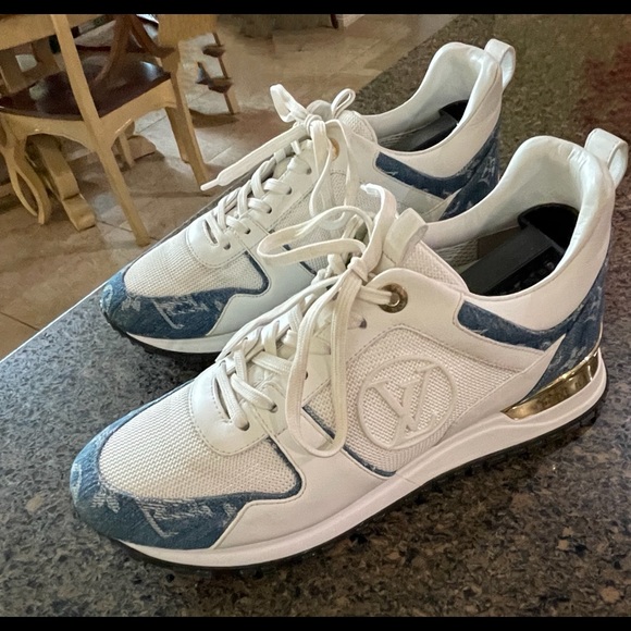 Authentic Louis Vuitton White/Blue Leather Mesh Monogram Denim Run Away Sneakers - Picture 3 of 6